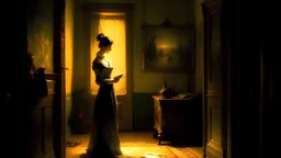 woman in a mysterious room, painted by alfred stevens, expressive impressionist style, trending on artstation, medium shot cinematic lighting, studio lighting, vibrant colors, award winning, digital art, ethereal, epic, fan art, masterpiece, rim light,