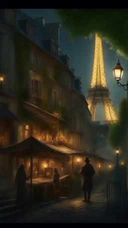 Paris and the Eiffel Tower in professional concept art, medieval magic path at night, full of details