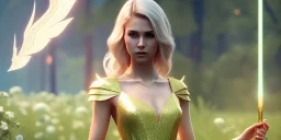 subtle queen, atmospheric, realistic, unreal engine, cinematic lighting, octane render, transparent long dress, blonde, full body, bright wings, smile, long hair