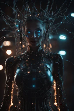 girl smiling, fullbody, creepy, horrifying, sinister, many wires connected to the head<perfect pupil> <cyborg> <garage> <sci-fi futuristic> Demon girl, lumen lighting, led lights, sparks around her, sparks cybernetic, high lighting, intricate, 8k, macro photography,