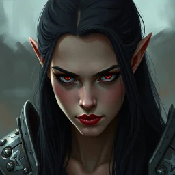 A digital illustration shoot from a portrait camera angle about a portrait of a young orc woman with striking features. In the middle of the image, a 20 years old orc woman, appears to be looking at the viewer lost in thought. she has long black hair, red eyes, and is wearing armour. her face is painted with red lipstick