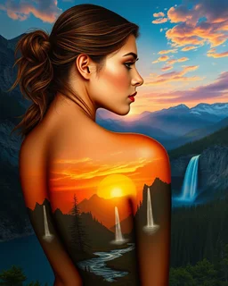 beautiful girl, close-up, nude body painting art with back painted with mountains and waterfalls, sunset, 4k resolution, max detail, professional, surrealism