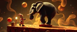 clowns lying when he repeats everything you say, bear ant eater elephant floating in 4 dimensional platform game, goa trance movie poster, stylized art, pin hole photo, motion blur, in the style of Escher