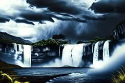 Cloudy dark sky, epic waterfall landscape