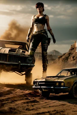Ultra realistic mad max scene, party. Danger sweet woman, waist up view. Steampunk style, epic, yellow smoke fog, hottest, highly detailed, concept art, unreal engine 5, god rays, ray tracing, RTX, lumen lighting, ultra detail, volumetric lighting, 3d, finely drawn, high definition, high resolution.