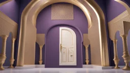 Hyper Realistic Islamic-Architectural-Mosque-Open-White-Door-&-Navy-Wall on Purple-Rustic-Wall with maroon-crafting-on-Golden-pillars