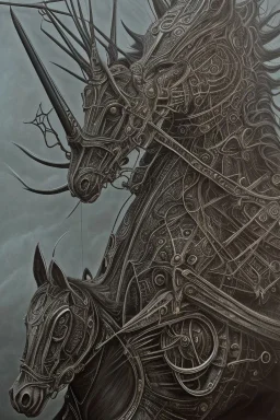 sauron on horse by h r Giger, Tim burton, junji ito, dystopian surrealism, dark horror fantasy, hdr, artstation intricate details, demonic, dark art, dark noir, neoclassical gothic horror