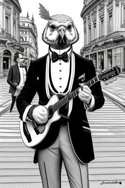 One single mature budgerigar wearing tuxedo, playing guitar in the street , Vienna, mourning, model style, hyper realistic, extremely accurate, delicate, extremely detailed, Graphic novel style, wide-angle, open aperture, superfine pencil