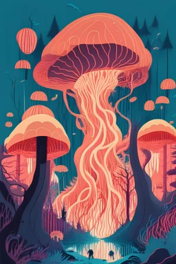 fire rides, wonderlands, mytstic spiral, jellyfish forest, 2D flat illustration style, monoline, 3 colors