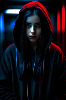 Black hair, long hair, girl, black hoodie, long pants, blue eyes, depressed look, darkened eyes, sadness, red smile pattern on hoodie, full length, 4k