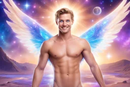 cosmic bionic beautiful men, smiling, with light blue eyes and long shirtless and angelic wings, in a magic extraterrestrial landscape with coloured land, stars and bright beam in the sky