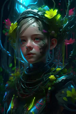 Expressively detailed and intricate 3d rendering of a hyperrealistic: Caucasian girl girl, cyberpunk plants and flowers, neon, vines, flying insect, front view, dripping colorful paint, tribalism, gothic, shamanism, cosmic fractals, dystopian, dendritic, artstation: award-winning: professional portrait: atmospheric: commanding: fantastical: clarity: 16k: ultra quality: striking: brilliance: stunning colors: amazing depth