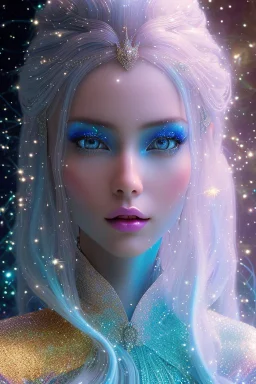 woman glitter blue fairy in a galactic ambiance, long blue hair, detailed gorgeous smile, delicate colors in the foreground, full of details, smooth, light effect，vaporwave colorful, smooth, extremely sharp detail, finely tuned detail, ultra high definition, 8 k, unreal engine 5, ultra sharpBeautyful smiling young woman, long hair amazing blue eyes, flowers, happy cosmic, bright colors, blue, pink, gold, jewels, realistic, photo real, clear sunny background, highly detailed, high contrast, 8k 