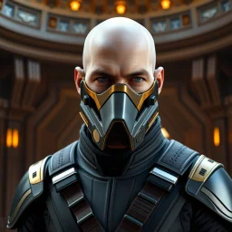 star wars bald male corellian jedi wearing gunmetal grey and black old republic armored flightsuit and breath mask with gold and metallic red trim inside the jedi temple, centered head and shoulders portrait, hyperdetailed, dynamic lighting, hyperdetailed background, 8k resolution, volumetric lighting, light skin, fully symmetric details