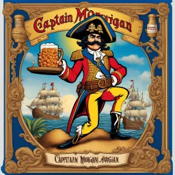 Captain Crunch standing in a Captain Morgan pose, on a rum label