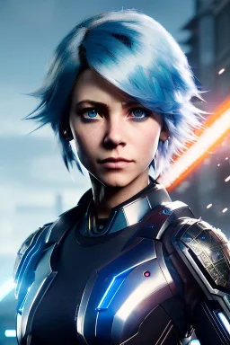 Cyborg anime warrior, light blue hair, Meg ryan hairstyle, blue eyes, waist up portrait, 8k resolution, intricate details, ornate details, soft lighting, vibrant colors, retroanime, masterpiece, intricate eyeliner, dark eyeshadow, eyes, intricate tattoos, futuristic cityscape background