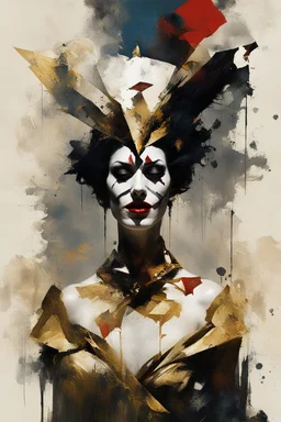 Digital Art of merry harlequin embodying the essence of merriment in a , minimalist approach, influenced by Luis Miranda, Jeremy Mann, Jeffrey Catherine Jones, blends conceptual art with elements of painting and illustration, somber tones, fragmented souls, shadow play, diffuse textures, abstract forms, digital painting, high conceptuality, palette inspired by Jeffrey Catherine Jones, golden ratio composition, fine detail, cinematic lighting.