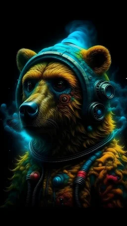 Futuristic bear with gasmask, colorful ,powerful nuclear jungle art ,Hyperrealistic stunning Master piece