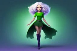 her alluring silhouette with violet boots, her white hair, violet and curly, frames her in a pixar-esque charm that whispered secrets of Scandinavian allure. she wears green t-shirt, tempting the imagination - Facing forward with arms raised, with her huge, adorable eyes she embodies the essence of the Cthulhu mythos, a dark sorceress from the depths of the universe. Surrounded by elements of deep sea mystery - an octopus, jellyfish, and mushroom. a super vision in the junkyard of 2013. In a s