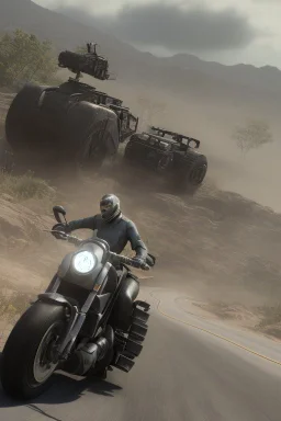 An advanced motorcycle with four wheels and a turbo jet in the back with rockets and machine guns