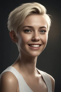 Chiaroscuro lighting, deep shadows, rich deep colors, full body portraits, 8K Ultra-HD, Hyper Realistic, Photorealistic, Realistic, focused, Clear, Extremely Detailed, beautiful, Cinematic, proportionate, full color, an image of a smiling young woman with short, pixie-cut bleach-blonde hair, tapered on the sides, wearing a pair of blue round lensed glasses, and a pink and blue button t-shirt, big happy smile, a foggy, cloudy blue background