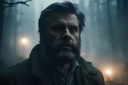 close-up hiper-realistic UNREAL ENGINE beard guy detective drives in a misty dark mountains forest at night with strange light in the mist, Guillermo del Toro movie still