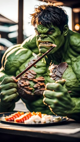 a hulk eating sushi with chopsticks, moody good lighting, best quality, full body portrait, true portrait, complex details, depth of field, Fujifilm xt3, outdoor, beautiful light, raw photo, 8K UHD, police