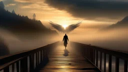 walking straight ahead over a wooden bridge, holding the angel of death with your right hand, entering the fog at the end of the road that leads to the afterlife, a stream from the mountains flows from the right and left, and a beautiful sunset behind the fog, realistic