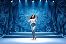 modern stage with gray-blue theme artistic decoration , color full dynamic lighting, a beautiful lady in pants and blouse with shining silver jewels dancing, 3D recursive fractal structure animating background