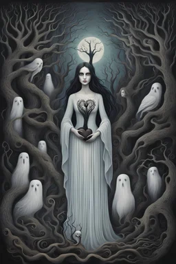 A painting depicting a surreal ghostly woman with ghostly white skin in Tim Burton style, high details, surrounded by various strange mystic trees. Her eyes are close open, and her is long messy dark hair. she holding a black heart, adding a unique surreal and sinister style to the artwork, etheral, weird plants, otherworldly, dark mood