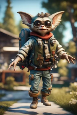 gremlins scout pimp hippie, hovering with rocket backpack in the backyard, in the style of a fallout 4,bokeh like f/0.8, tilt-shift lens 8k, high detail, smooth render, down-light, unreal engine, prize winning