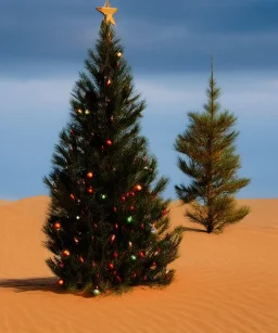 sandy festive Christmas tree in a vast desert with dunes