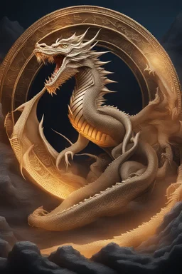 Bitcoin cryptocurrency stands in the middle and a dragon is around