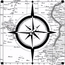 compass directional indicator found on maps, antique ornamental etched, black on white