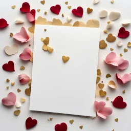 A photo of a white card, 5.5 by 4.25 inches. The card is vertically positioned on a beautiful white surface, positioned between rose petals and litte golden hearts.