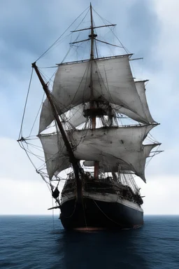 front view of a ship with a spider figurehead in stormy weather