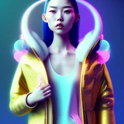 asian woman teenager, few freckles, gold teeth, padded coat, bubbles, retro futuristic, latex dress, gradient color, BLUE, PINK, CYAN, neon, insanely detailed, 16k resolution, perfect eyes, cinematic smooth, intricate detail