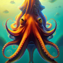 portrait of an octopus with fish in background in the style of Chris Ryniak