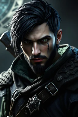 young male ranger, black & green leather, black hair, silver eyes, short trimmed beard, slim vertical laceration over right eye, 8k resolution, dark fantasy concept art, as on Deviantart, dynamic lighting, hyperdetailed, intricately detailed, trending on Artstation, deep color, Unreal Engine, volumetric lighting, complementary