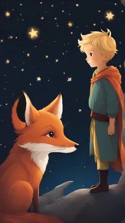 Masterpiece, best quality, realistic style, The little prince and the fox sat together in the back of the planetarium, night sky, bright stars, peace, silence, 4k