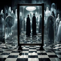 there are many transparent silhouettes superimposed on each other,Through the looking glass,ghosts,lots of mirrors,from a mirror mazayka, the variety of characters represented