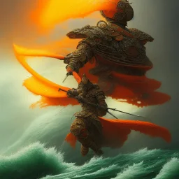 an ibis warrior in orange and green full battle armor, a highly detailed illustration, background of giant crashing ocean waves, realistic render, 8 k, micro detail, intricate, elegant, centered, digital painting, Artstation, smooth, sharp focus, illustration, artgerm, tomasz alen kopera, peter mohrbacher, donato giancola, joseph christian leyendecker, wlop, boris vallejo