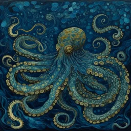 A dark blue water elemental octopus painted by Vincent van Gogh