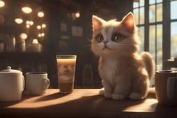 cute fluffy cat in a coffeehouse in sunshine Weight:1 detailed matte painting, deep color, fantastical, intricate detail, splash screen, complementary colors, fantasy concept art, 8k resolution trending on Artstation Unreal Engine 5 Weight:0.9