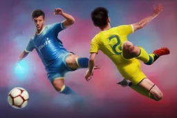 Oil painting, full body of a soccer player, he is kicking the ball, the ball is flying, bright but not neon colours, dynamic lines, dynamic blobs, spots, lines in the background of the character, splash like a colour explosion