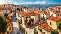 Fantastic nice sunny cityscape of an old Mediterranean town, view of tiled roofs and windows of different shapes and sizes of cozy houses, with attic and mezzanine, summer lights , authentic old Italian village with plants, harmony atmosphere, cinematic, high detailed, sharp focuses, masterpiece