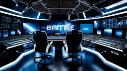 photo from a producer's chair in a futuristic studio with many monitors and one windows to the deep space,, the inscription capture word text on the back of the chair "Barbi", Professional photography, bokeh, natural lighting, canon lens, shot on dslr 64 megapixels sharp focus , blue-white lights