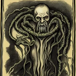 Picture of Cthulhu with white skin and a beard made of fleshy tentacles as a Russian Orthodox nosferatu vampire with yellow eyes and vampire fangs