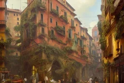 +A greengrocer in colorful+bologna+ genoa street+Italian medieval town +Italian city sea+alphonse mucha, greg rutkowski,matte painting, cryengine, hyper detailed, felix kelly, fantasy art, seb mckinnon