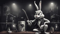 photorealistic deppressed dark melancholic sad Bugs bunny with blackeye deppressed doing music rock and roll dark heavy metal on a scene alcoholic, ciggaretes sad ciggarets